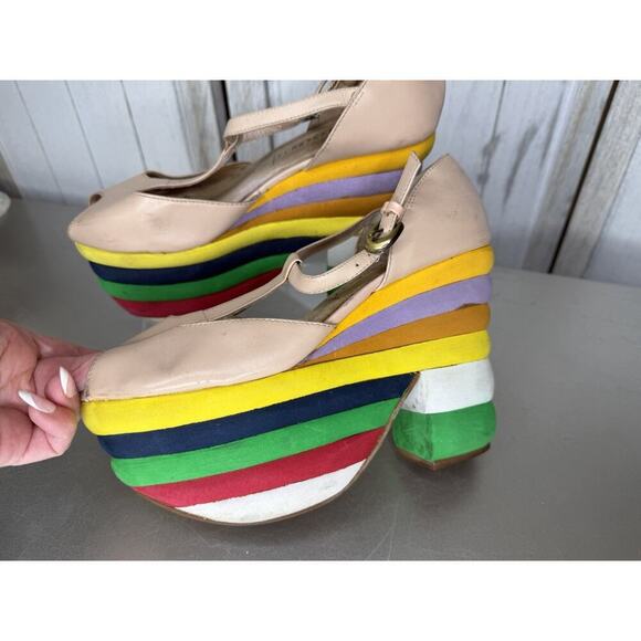 Jeffrey Campbell Shoes - Jeffrey Campbell “Salvatore” Peep Toe Leather & Rainbow Platform Heels Sz 6 RARE